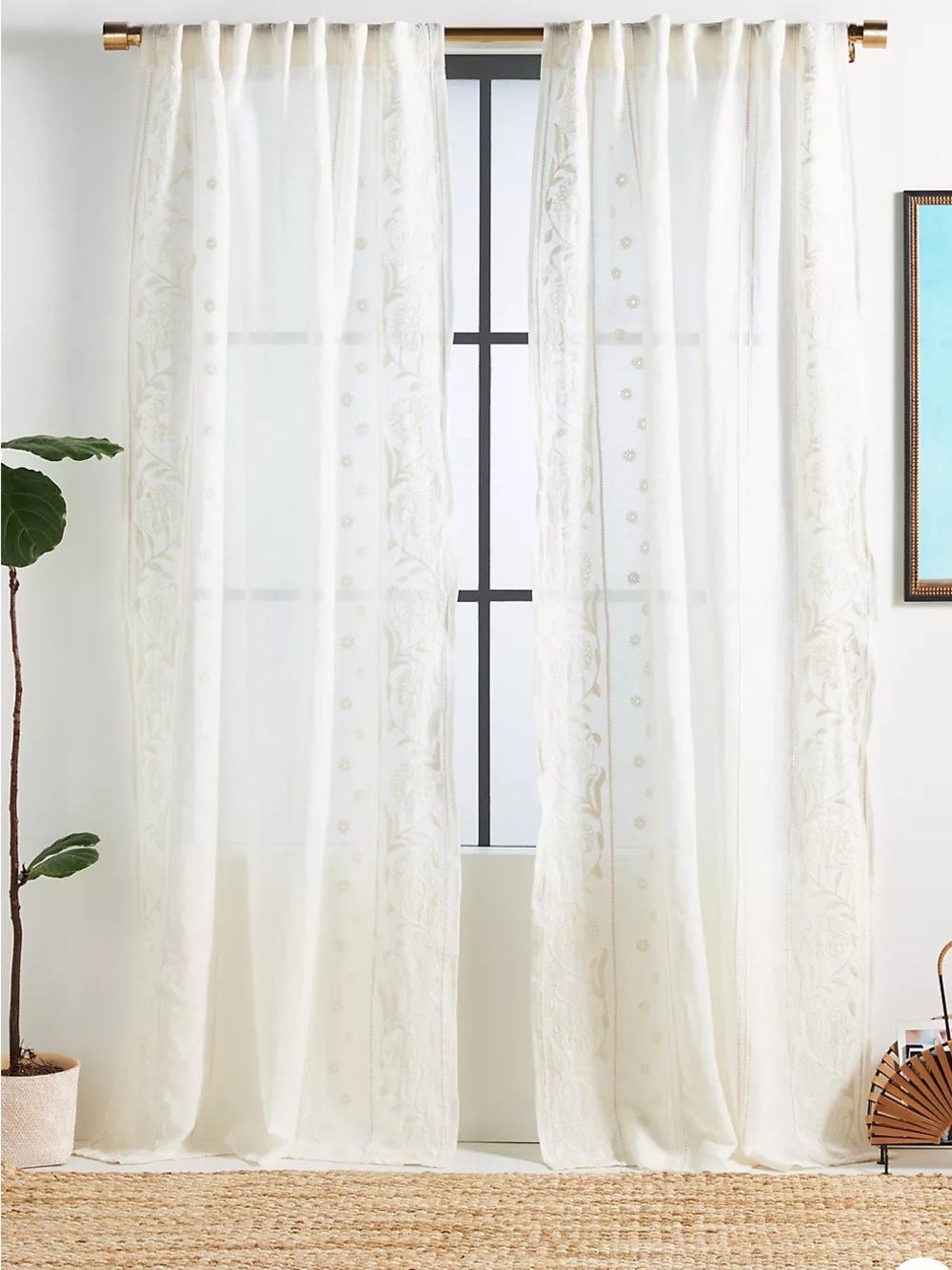 Anthropologie Manette Embroidered Cotton Linen Sheer Curtain 50x63 White